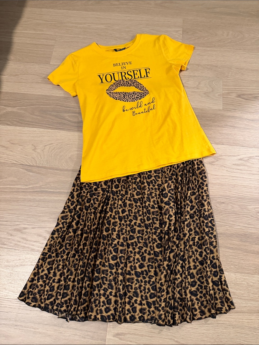 SHEIN Yellow Graphic Tee and Leopard Pleated Skirt Set